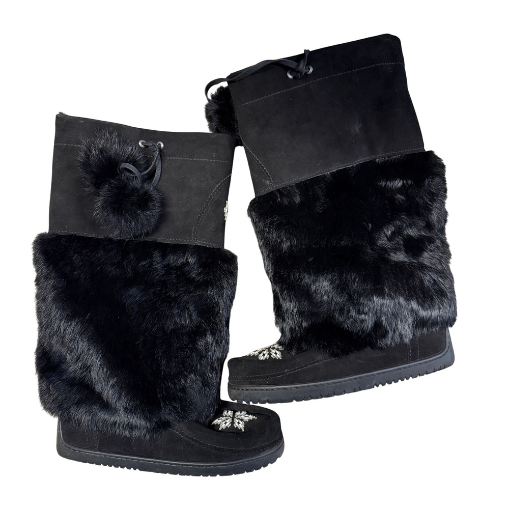 Manitobah Mukluks Tall Boots Womens 7 Black Suede Faux Fur Beaded Vibram